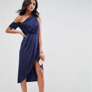 NWT Elegant ASOS Navy Blue Asymmetrical One Shoulder Party Cocktail Prom Dress